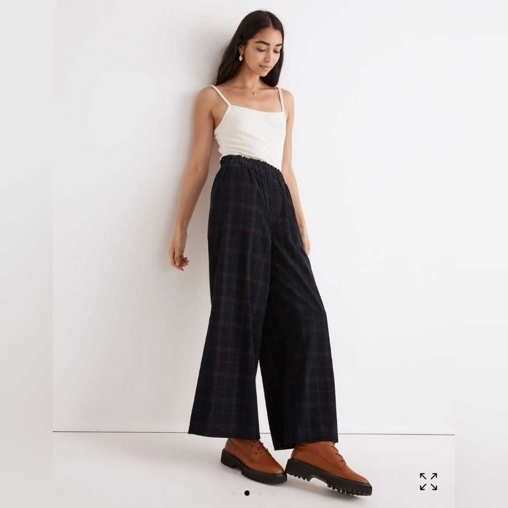 Madewell Corduroy wide leg pull on crop pants navy plaid women's sz small - Picture 2 of 8